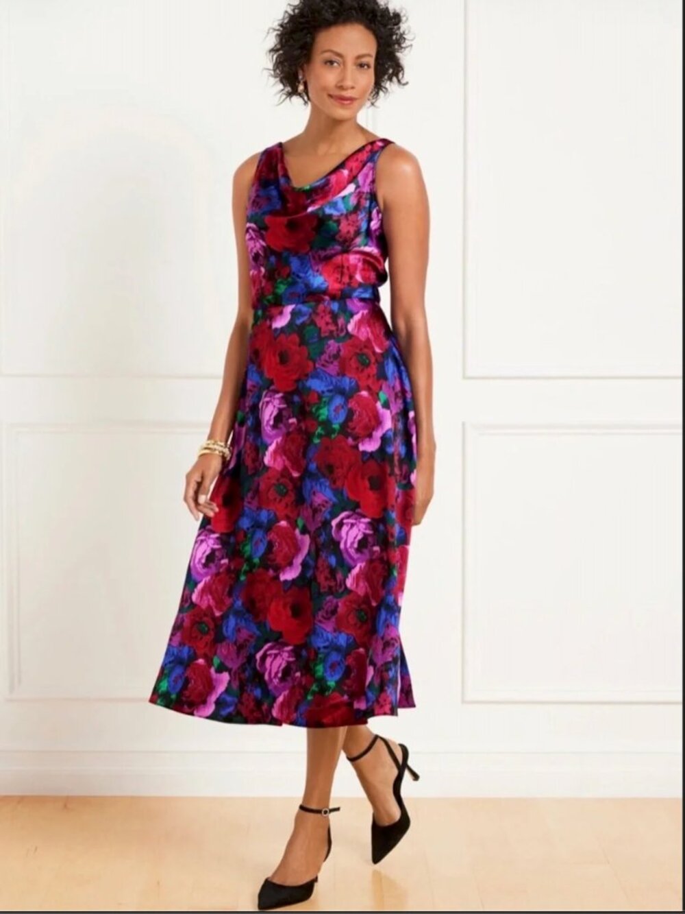 NEW $169 TALBOTS Vibrant Floral Cowl-Neck Midi Dress in Red, Pink  plus Size 16